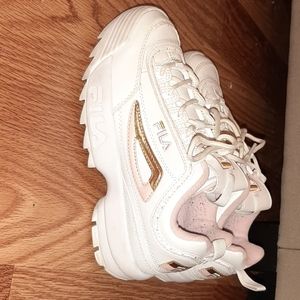 Pink, white and gold fila disruptors